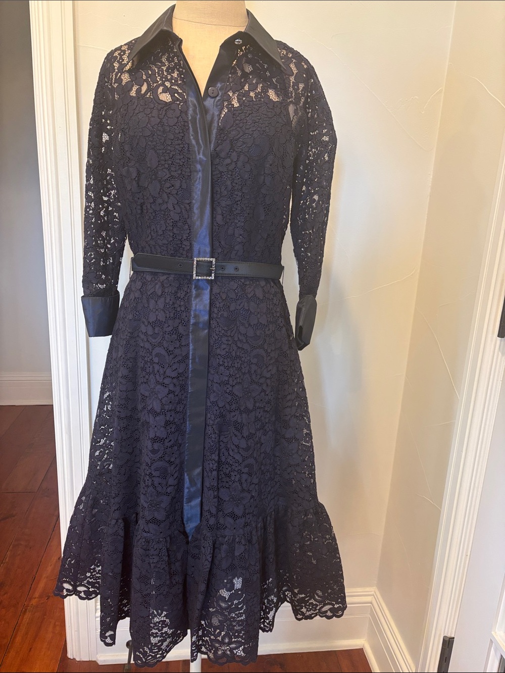 Rickie Freeman for Teri Jon Navy Lace Shirt Dress with Satin Trim